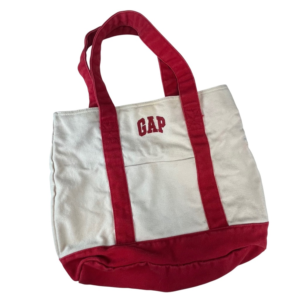 Gap Canvas Tote Bag Cream Red Colorblock Embroidered Logo Large Handbag